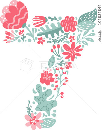 Vector Hand Drawn Font Number 7 seven with Flowers and Branches Blossom Spring. Floral alphabet Typography Summer letter monogram or Logo Design wedding abc 105882846