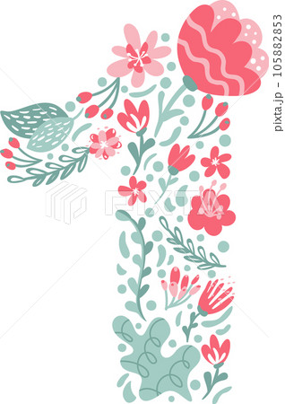 Vector Hand Drawn Font Number 1 one with Flowers and Branches Blossom Spring. Floral alphabet Typography Summer letter monogram or Logo Design wedding abc 105882853