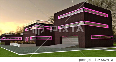 Straight narrow windows with crimson backlighting perfectly complement the exterior of red brick during the nighttime. 3D rendering. Straight narrow windows with crimson backlighting perfectly complement the exterior of red brick during the nighttime. 3D rendering. 105882918