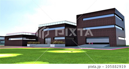 Sunlit patches on the green meadow in front of a technologically advanced, contemporary countryside structure with a brick facade and a flat roof. 3D rendering. 105882919