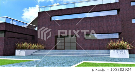 The grand entrance to a multi-family countryside home. A wide concrete staircase leading to the porch with glass double doors. Brick facade. 3D rendering. The grand entrance to a multi-family countryside home. A wide concrete staircase leading to the porch with glass double doors. Brick facade. 3D rendering. 105882924