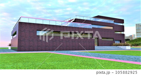The modern design of a three-story house with a dark red brick exterior, set against the backdrop of old structures in a sparsely populated town during the evening. 3D rendering. The modern design of a three-story house with a dark red brick exterior, set against the backdrop of old structures in a sparsely populated town during the evening. 3D rendering. 105882925