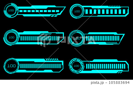 Set of HUD modern loading progress bars user interface elements design technology cyber blue on black futuristic vector 105883694