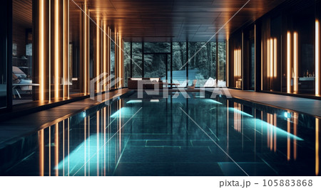 Modern house with swimming pool in luxury style at night 105883868