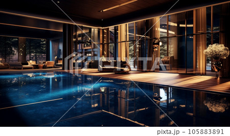 Modern house with swimming pool in luxury style at night 105883891