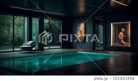 Modern house with swimming pool in luxury style at night Modern house with swimming pool in luxury style at night 105883898