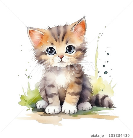 Watercolor cute kitten isolated on white background. Generative ai. 105884439