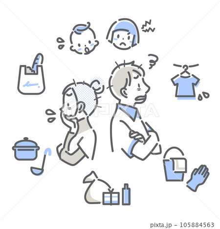 家事育児に追われて困っている若い夫婦　シンプルでお洒落な線画イラスト 105884563