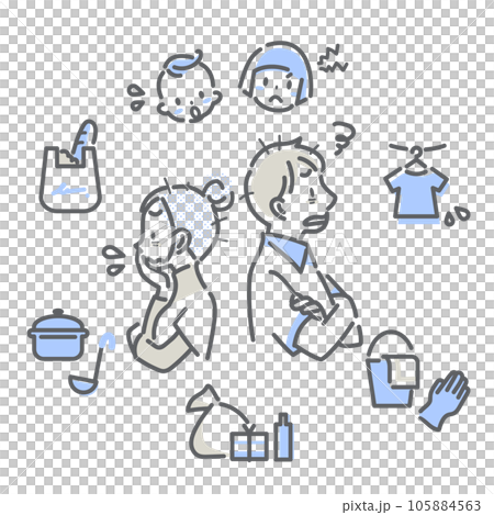 家事育児に追われて困っている若い夫婦　シンプルでお洒落な線画イラスト 105884563