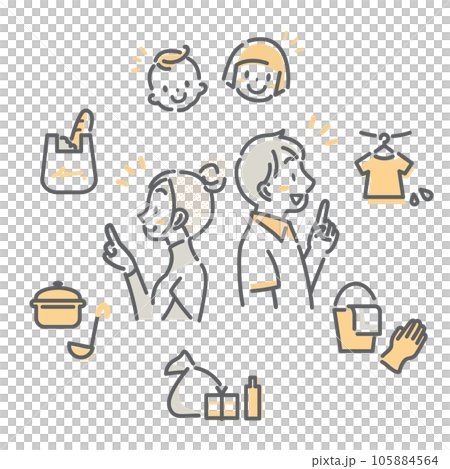 A young couple sharing housework and childcare Simple and stylish line drawing illustration A young couple sharing housework and childcare Simple and stylish line drawing illustration 105884564