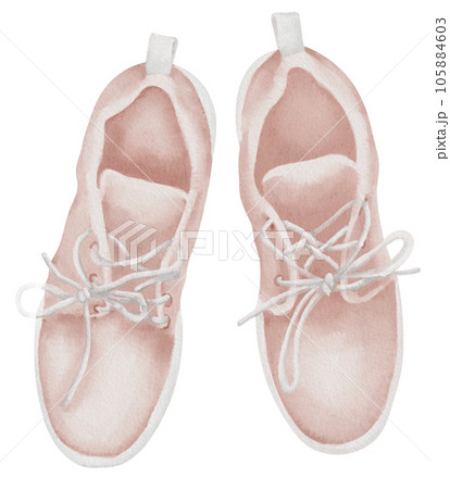 Sneakers top view. Hand drawn watercolor illustration of running and Sports Shoes on white isolated background. Drawing of pink trainers for icon or clip art. Sketch of women's jogging footwear. 105884603