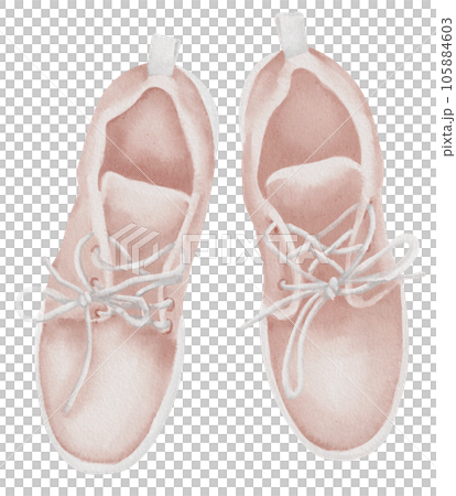 Sneakers top view. Hand drawn watercolor illustration of running and Sports Shoes on white isolated background. Drawing of pink trainers for icon or clip art. Sketch of women's jogging footwear. 105884603