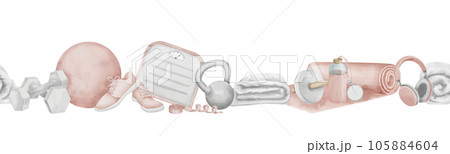 Seamless Border for Sports website. Hand drawn watercolor female Fitness illustration on white isolated background. Drawing of pink exercise equipment for woman. Banner and pattern design. 105884604