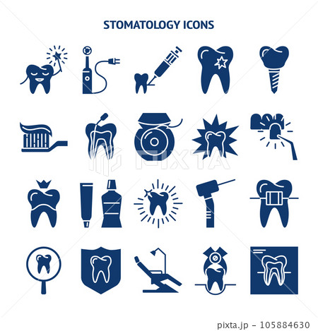 Stomatology and teeth care silhouette icon set in flat style 105884630