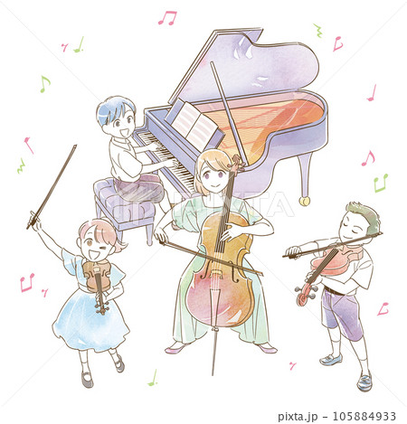 水彩アナログ風 ピアノ ヴァイオリン チェロ ヴィオラ 演奏 発表会 イラスト(音符あり) 水彩アナログ風 ピアノ ヴァイオリン チェロ ヴィオラ 演奏 発表会 イラスト(音符あり) 105884933