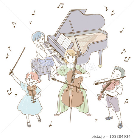 ピアノ ヴァイオリン チェロ ヴィオラ 演奏 発表会 イラスト フラット シンプルver. 105884934