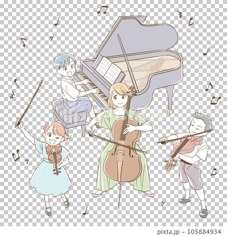 ピアノ ヴァイオリン チェロ ヴィオラ 演奏 発表会 イラスト フラット シンプルver. 105884934