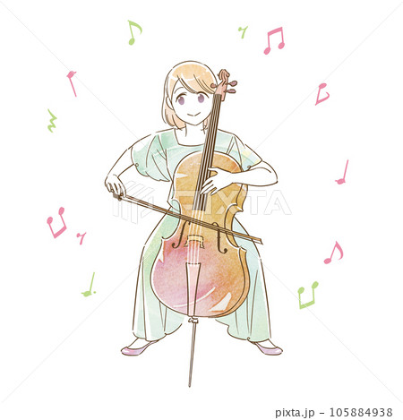 水彩アナログ風 女性 チェロ 演奏 発表会 イラスト(音符あり) 105884938