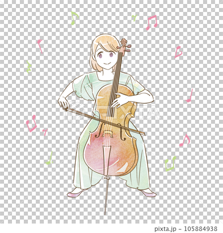 水彩アナログ風 女性 チェロ 演奏 発表会 イラスト(音符あり) 105884938