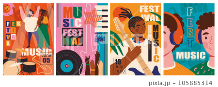 Music fest cover brochure set in trendy flat design. Poster templates with happy dancing people listening music, rock band performing on stage, summer festival with singers show. Vector illustration. Music fest cover brochure set in trendy flat design. Poster templates with happy dancing people listening music, rock band performing on stage, summer festival with singers show. Vector illustration. 105885314