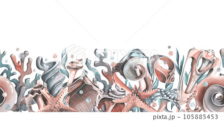 Seashells, starfishes, bubbles, algae and corals turquoise. Watercolor illustration hand drawn. Seamless border on a white background Seashells, starfishes, bubbles, algae and corals turquoise. Watercolor illustration hand drawn. Seamless border on a white background 105885453