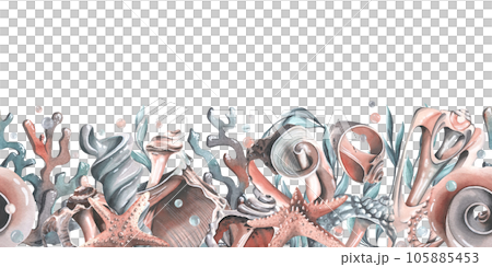 Seashells, starfishes, bubbles, algae and corals turquoise. Watercolor illustration hand drawn. Seamless border on a white background Seashells, starfishes, bubbles, algae and corals turquoise. Watercolor illustration hand drawn. Seamless border on a white background 105885453