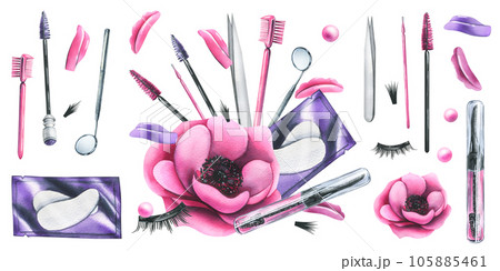 A set of cosmetics and tools for lamination and extension of eyelashes and eyebrows, brushes, patches, tweezers, mirror. Hand drawn watercolor illustration. Isolated objects on a white background. A set of cosmetics and tools for lamination and extension of eyelashes and eyebrows, brushes, patches, tweezers, mirror. Hand drawn watercolor illustration. Isolated objects on a white background. 105885461