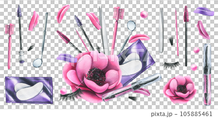 A set of cosmetics and tools for lamination and extension of eyelashes and eyebrows, brushes, patches, tweezers, mirror. Hand drawn watercolor illustration. Isolated objects on a white background. A set of cosmetics and tools for lamination and extension of eyelashes and eyebrows, brushes, patches, tweezers, mirror. Hand drawn watercolor illustration. Isolated objects on a white background. 105885461