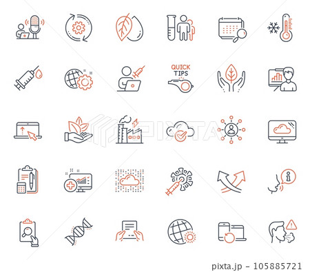 Science icons set. Included icon as Inspect, Calendar and Tutorials web elements. Cough, Accounting, Seo gear icons. Receive file, Recovery devices, Cloud storage web signs. Vector 105885721