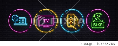 Online test, Tv and Ecology app minimal line icons. Neon laser 3d lights. Fake news icons. For web, application, printing. Examination, Television, Smartphone with leaf. Umbrella secure. Vector 105885763