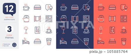 Set of Lamp, Cappuccino and Stand lamp line icons. Include Entrance, Sleep, Teapot icons. Mattress, Ice tea, Coffee vending web elements. Tea cup, Breathable mattress, Open door. Idea light. Vector 105885764