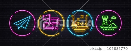 Paper plane, Bumper cars and Travel path minimal line icons. Neon laser 3d lights. Lighthouse icons. For web, application, printing. Airplane, Carousels, Flag pointer. Navigation beacon. Vector 105885770
