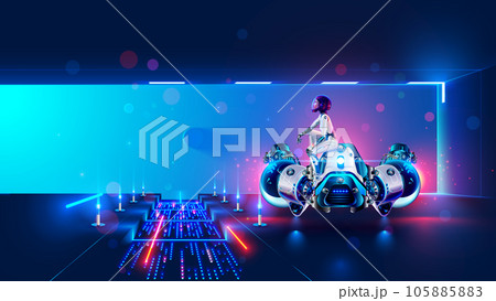 An cosmonaut sits on a futuristic spaceship at spaceport and looks at the stars. Sci-fi illustration of an astronaut in a futuristic spacesuit, on the runway of a space station, a flying saucer landed 105885883