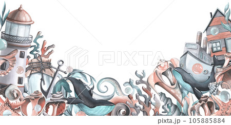 A marine lighthouse with whales, seashells, starfishes, corals, bubbles, steamboat,wave, anchor, algae, cabin and shells. Watercolor illustration hand drawn. Template frame on a white background 105885884