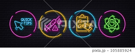 Checklist, Vaccine attention and Quick tips minimal line icons. Neon laser 3d lights. Atom icons. For web, application, printing. Questioning clipboard, Vaccination warning, Helpful tricks. Vector 105885924