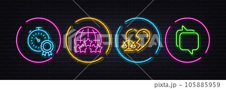 Rating stars, Divorce lawyer and Best result minimal line icons. Neon laser 3d lights. Messenger icons. For web, application, printing. Internet rank, Broken heart, Timer award. Speech bubble. Vector Rating stars, Divorce lawyer and Best result minimal line icons. Neon laser 3d lights. Messenger icons. For web, application, printing. Internet rank, Broken heart, Timer award. Speech bubble. Vector 105885959