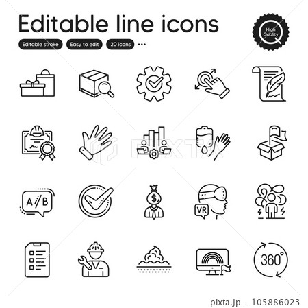Set of Business outline icons. Contains icons as Search package, Gifts and Checklist elements. 360 degrees, Lgbt, Manager web signs. Blood, Repairman, Confirmed elements. Ab testing. Vector Set of Business outline icons. Contains icons as Search package, Gifts and Checklist elements. 360 degrees, Lgbt, Manager web signs. Blood, Repairman, Confirmed elements. Ab testing. Vector 105886023