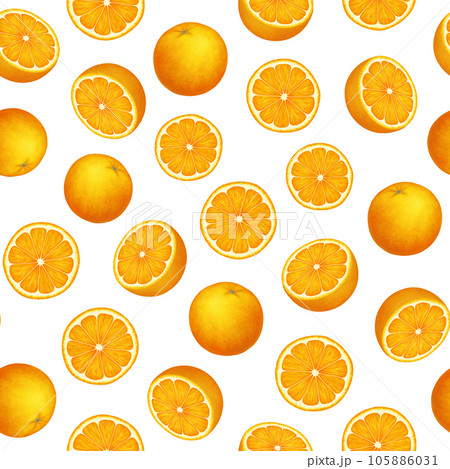 Citrus fruit seamless pattern. Colorful vivid print with juicy orange slices. Repeated luxury design for packaging, cosmetic, menu, cafe, textile. Realistic detailed illustration. Citrus fruit seamless pattern. Colorful vivid print with juicy orange slices. Repeated luxury design for packaging, cosmetic, menu, cafe, textile. Realistic detailed illustration. 105886031