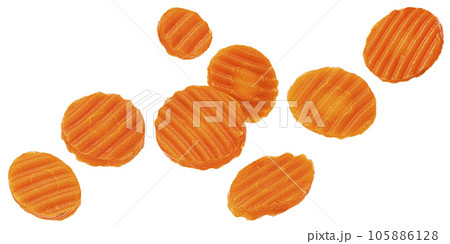 Pickled and marinated carrot slices isolated on white background 105886128