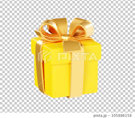 Yellow gift box with golden ribbon and bow 3d render illustration - present package for congratulation or bonus concept. Surprise pack - Christmas or winner greeting and reward element. Yellow gift box with golden ribbon and bow 3d render illustration - present package for congratulation or bonus concept. Surprise pack - Christmas or winner greeting and reward element. 105886158