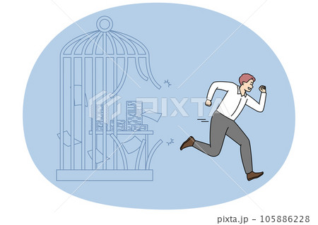 Happy businessman escape cage quit office job Happy businessman escape cage quit office job 105886228