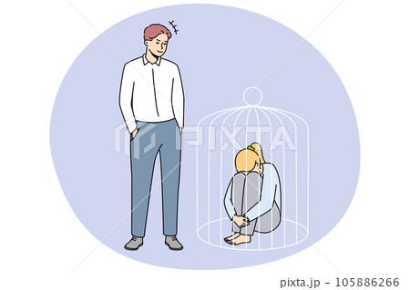 Man lock sad woman in cage 105886266
