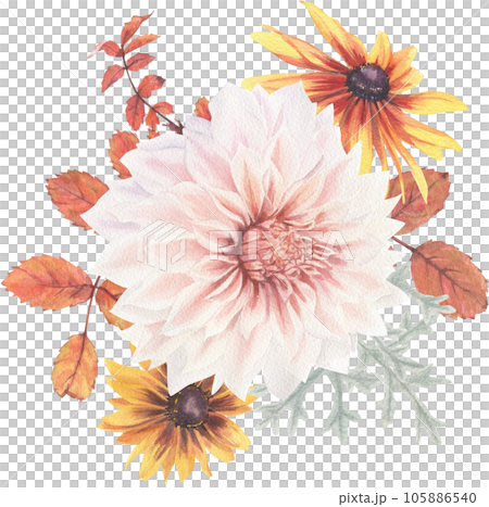 Bright composition of plant elements. Autumn flowers berries and leaves watercolor in vintage style. 105886540