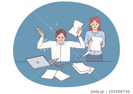 Furious boss yelling at secretary in office Furious boss yelling at secretary in office 105886736