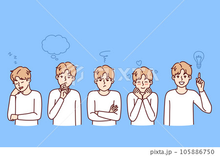 Little boy with different emotions and moods looks at screen showing joy or sadness 105886750