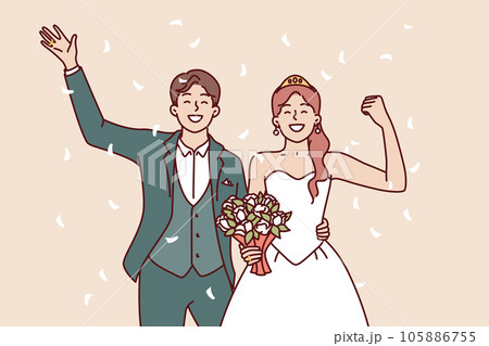 Wedding bride and groom with bouquet waving hand during festive marriage ceremony 105886755