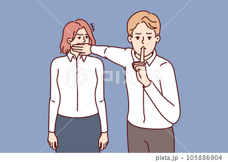 Arrogant man boss shutting woman mouth ordering to be silent and showing discriminatory actions 105886904