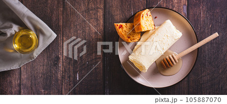 Turkish kaymak clotted cream butter with honey on a plate top view web banner Turkish kaymak clotted cream butter with honey on a plate top view web banner 105887070