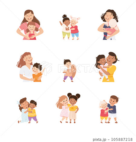Little Kids Hugging Mom and Friends Feel Happy Vector Set 105887218