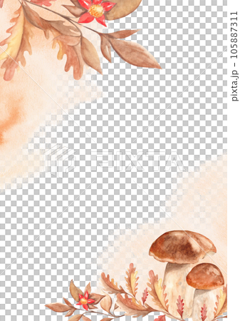 Floral autumn card template with porcini mushrooms, oak leaves and branch with red flower, orange watercolor splashes. Forest hand drawn botanical illustration. For save the date, greeting birthday 105887311